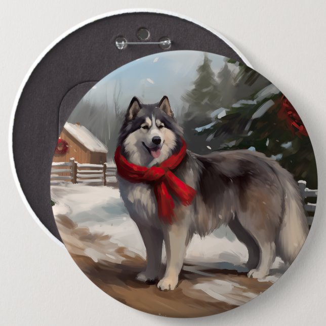 Alaskan Malamute Dog in Snow Christmas 6 Cm Round Badge (Front & Back)