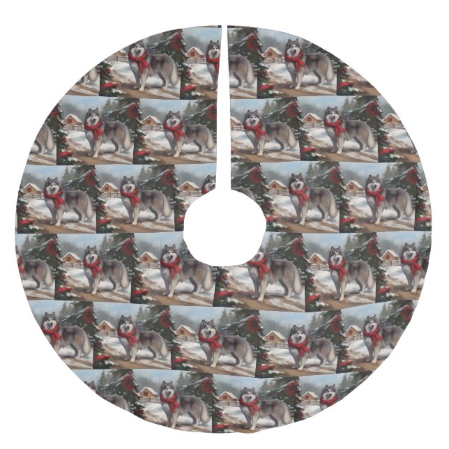Alaskan Malamute Dog in Snow Christmas Brushed Polyester Tree Skirt (Front)