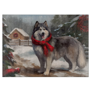 Alaskan Malamute Dog in Snow Christmas Cutting Board