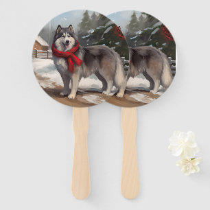 Alaskan Malamute Dog in Snow Christmas Hand Fan