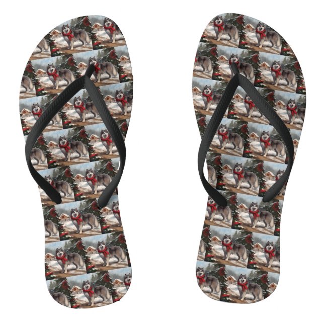 Alaskan Malamute Dog in Snow Christmas Jandals (Footbed)