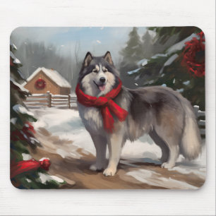 Alaskan Malamute Dog in Snow Christmas Mouse Pad