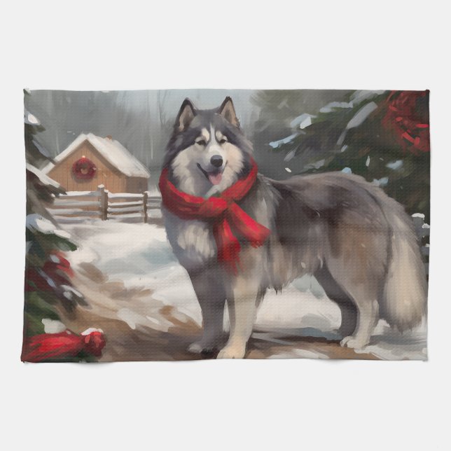 Alaskan Malamute Dog in Snow Christmas Tea Towel (Horizontal)