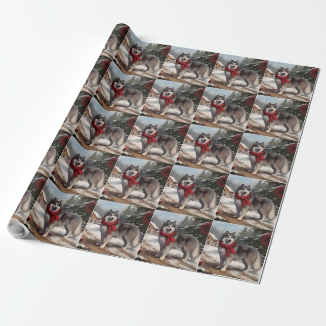 Alaskan Malamute Dog in Snow Christmas Wrapping Paper (Unrolled)