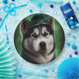 Alaskan Malamute dog in St. Patrick's Day Dress Paper Plate