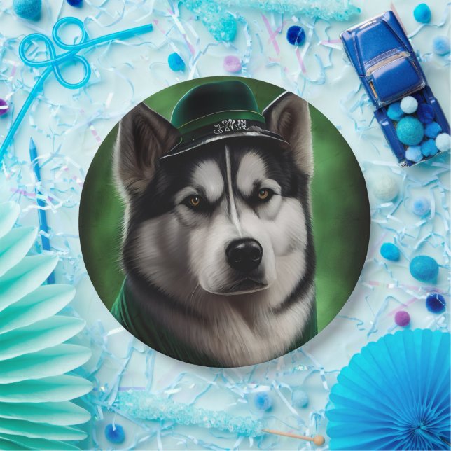 Alaskan Malamute dog in St. Patrick's Day Dress Paper Plate (Party)