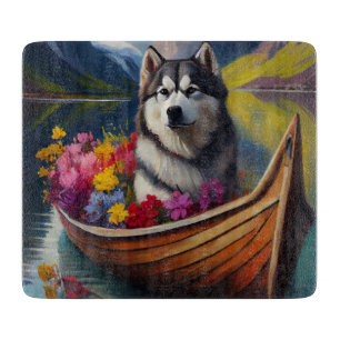 Alaskan Malamute Dog on Paddle: A Scenic Adventure Cutting Board