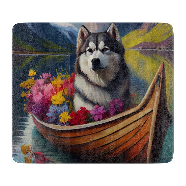 Alaskan Malamute Dog on Paddle: A Scenic Adventure Cutting Board (Front)