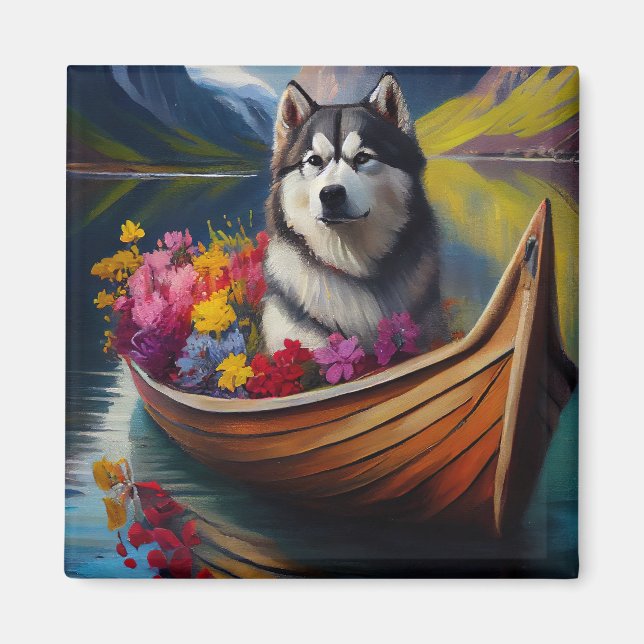 Alaskan Malamute Dog on Paddle: A Scenic Adventure Magnet (Front)