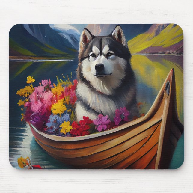 Alaskan Malamute Dog on Paddle: A Scenic Adventure Mouse Pad (Front)