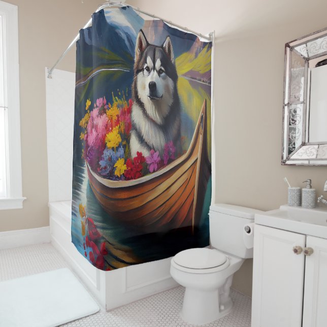 Alaskan Malamute Dog on Paddle: A Scenic Adventure Shower Curtain (In Situ)