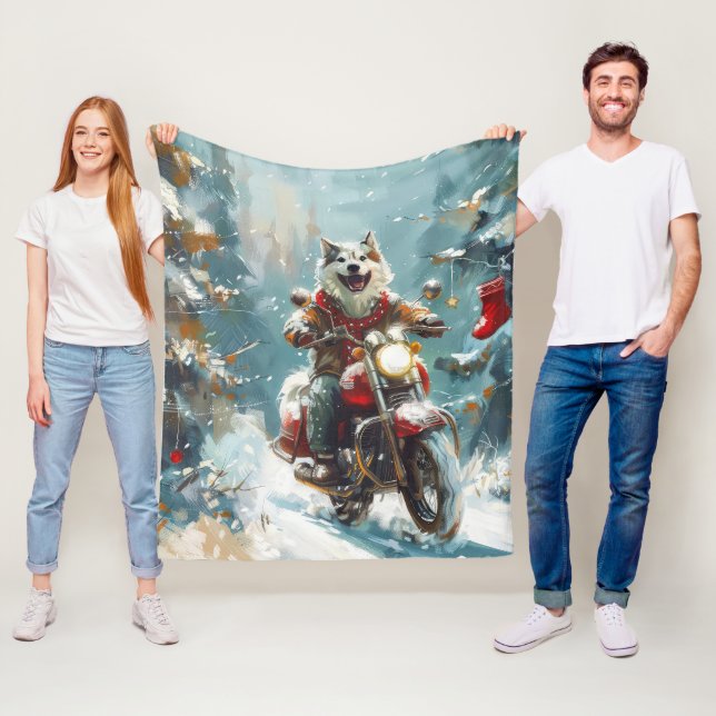 Alaskan Malamute Dog Riding Motorcycle Christmas  Fleece Blanket (In Situ)
