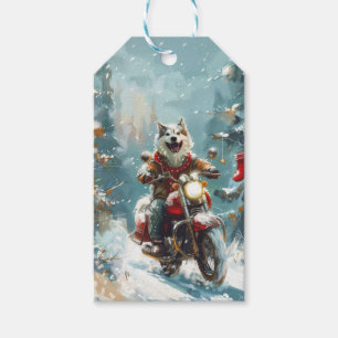 Alaskan Malamute Dog Riding Motorcycle Christmas  Gift Tags