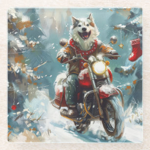 Alaskan Malamute Dog Riding Motorcycle Christmas Glass Coaster
