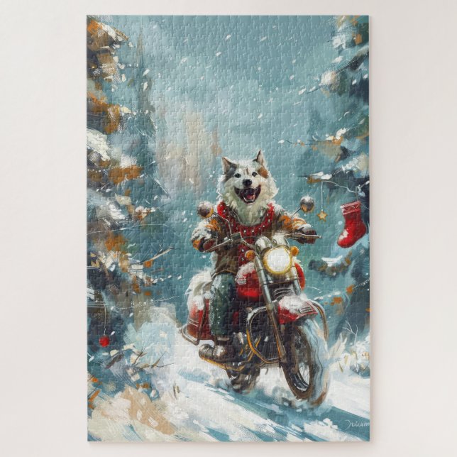 Alaskan Malamute Dog Riding Motorcycle Christmas  Jigsaw Puzzle (Vertical)