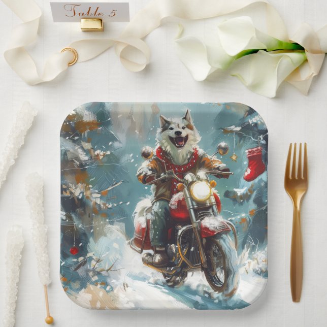 Alaskan Malamute Dog Riding Motorcycle Christmas  Paper Plate (Wedding)