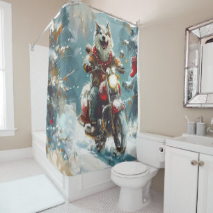 Alaskan Malamute Dog Riding Motorcycle Christmas  Shower Curtain