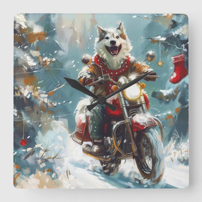 Alaskan Malamute Dog Riding Motorcycle Christmas  Square Wall Clock (Front)