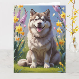 Alaskan Malamute Dog Spring Flowers Painting  Card