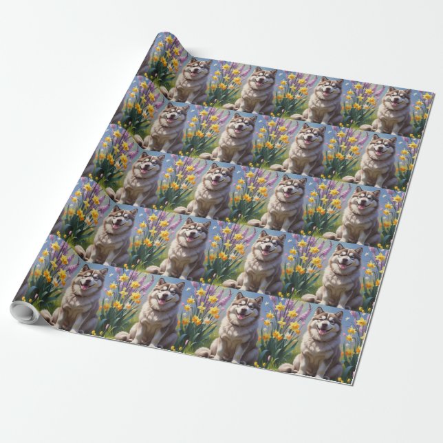 Alaskan Malamute Dog Spring Flowers Painting  Wrapping Paper (Unrolled)