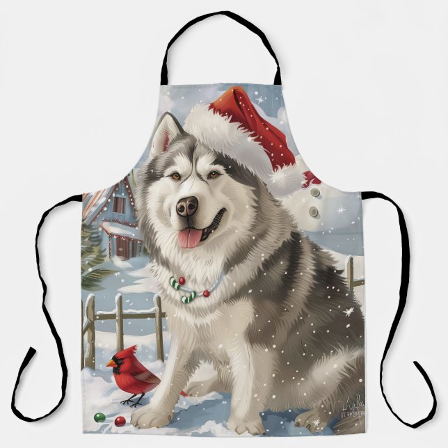 Alaskan Malamute Dog Winter Wonderland Christmas  Apron (Front)