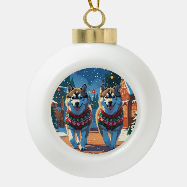 Alaskan Malamute Dogs Christmas Snow Holiday  Ceramic Ball Christmas Ornament (Front)