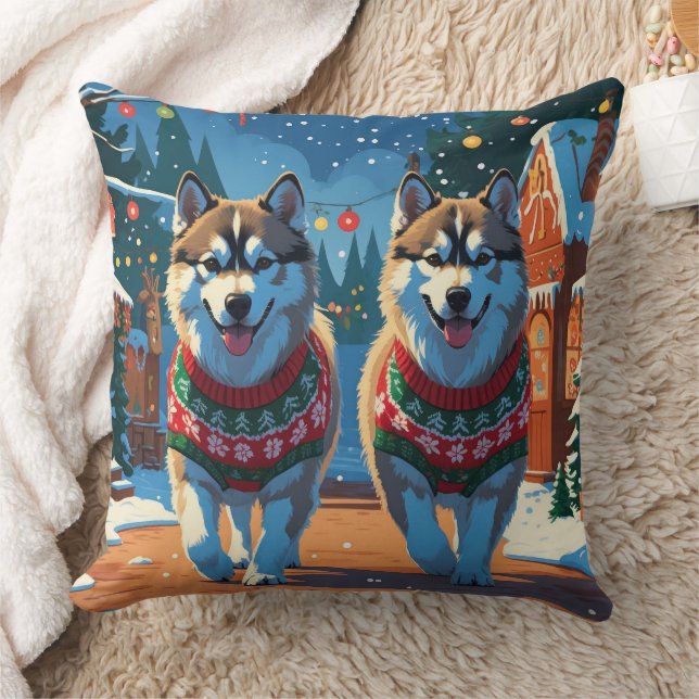 Alaskan Malamute Dogs Christmas Snow Holiday  Cushion (Blanket)