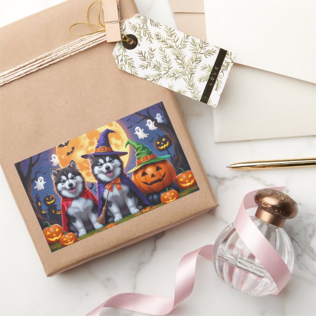 Alaskan Malamute Dogs Pumpkin Halloween Funny  Rectangular Sticker (Gifting)