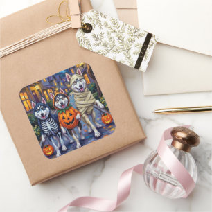 Alaskan Malamute Dogs Trick-or-Treating Halloween  Square Sticker