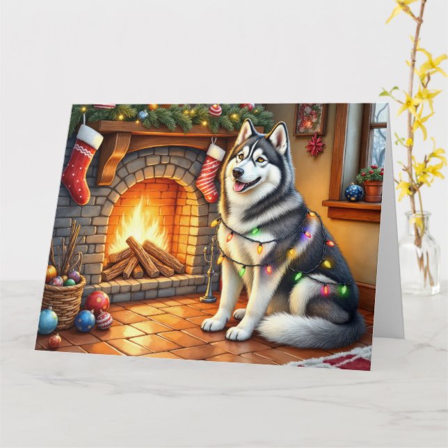 Alaskan Malamute Fireplace with Christmas Lights Card (Yellow Flower)