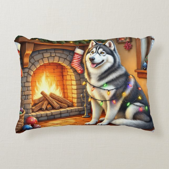 Alaskan Malamute Fireplace with Christmas Lights Decorative Cushion (Front)