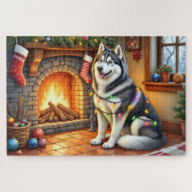 Alaskan Malamute Fireplace with Christmas Lights Jigsaw Puzzle (Horizontal)