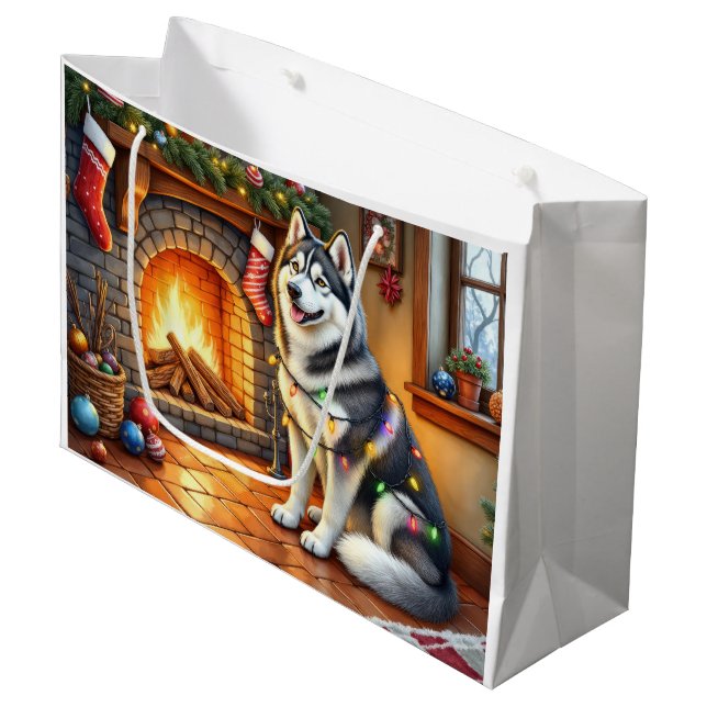 Alaskan Malamute Fireplace with Christmas Lights Large Gift Bag (Front Angled)