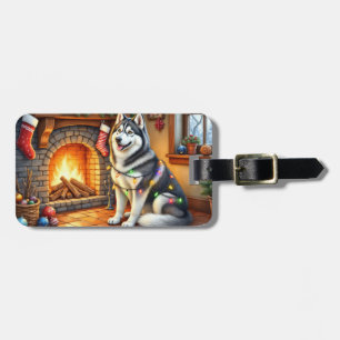 Alaskan Malamute Fireplace with Christmas Lights Luggage Tag