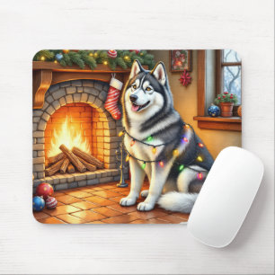 Alaskan Malamute Fireplace with Christmas Lights Mouse Pad