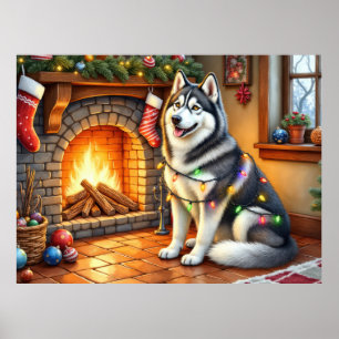 Alaskan Malamute Fireplace with Christmas Lights Poster