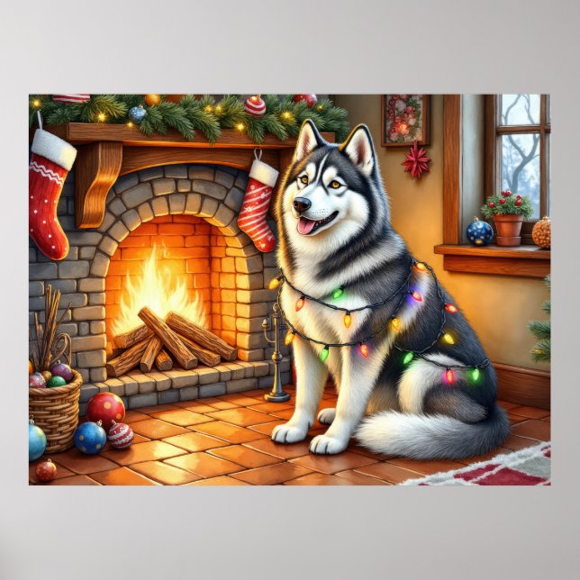 Alaskan Malamute Fireplace with Christmas Lights Poster (Front)
