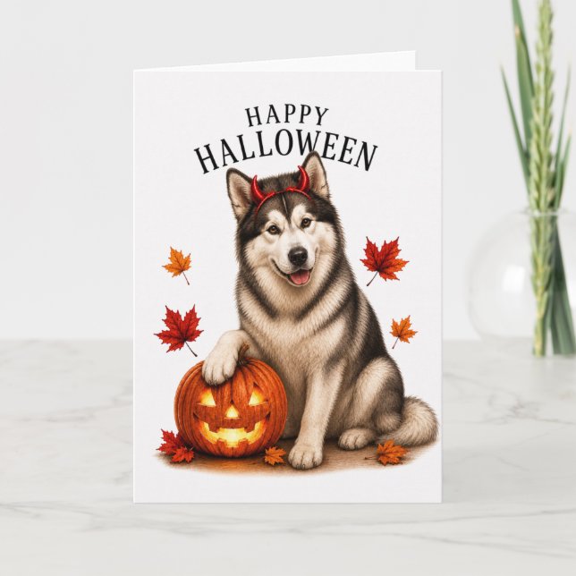 Alaskan Malamute Halloween Devil Dog Card (Front)