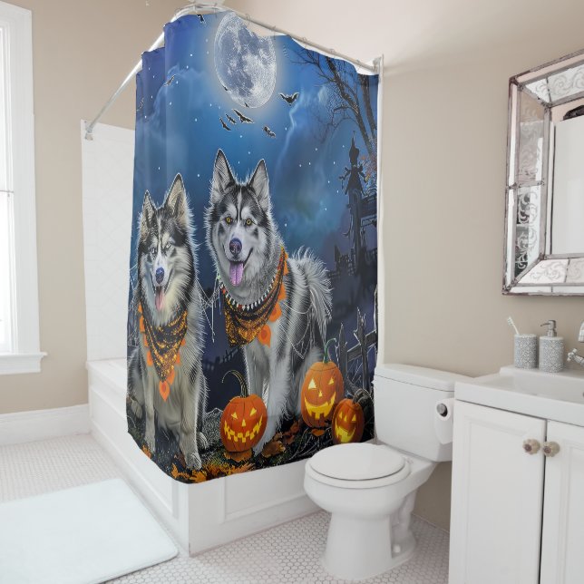 Alaskan Malamute Halloween Spooky  Shower Curtain (In Situ)