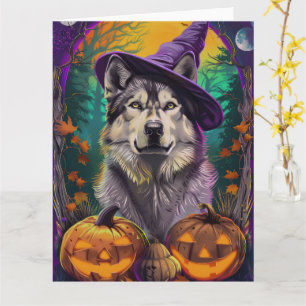 Alaskan Malamute Halloween Witch and Pumpkin Card
