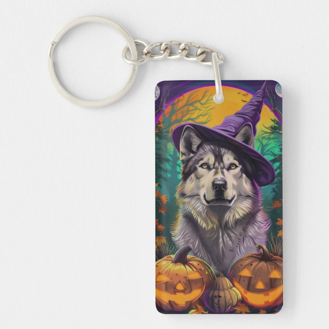 Alaskan Malamute Halloween Witch and Pumpkin  Key Ring (Front)