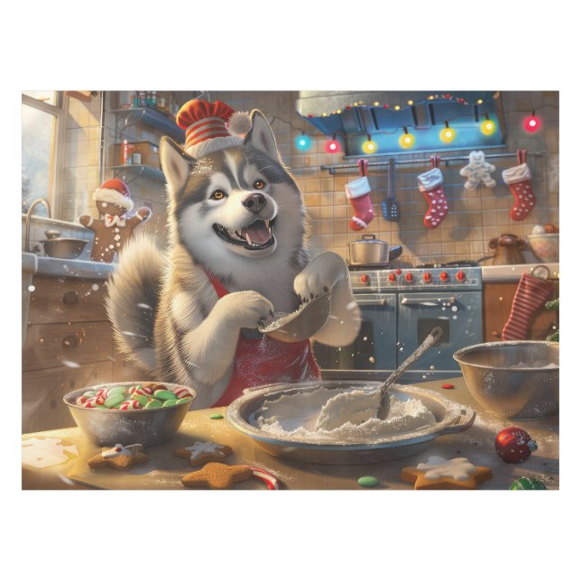 Alaskan Malamute Holiday Baking: Festive Christmas Tablecloth (Front (Horizontal))