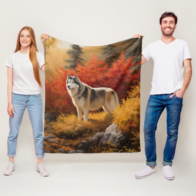 Alaskan Malamute  in Autumn Leaves Fall Inspired  Fleece Blanket (In Situ)