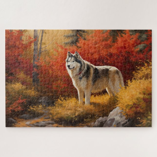Alaskan Malamute  in Autumn Leaves Fall Inspired  Jigsaw Puzzle (Horizontal)