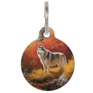 Alaskan Malamute in Autumn Leaves Fall Inspired Pet Tag