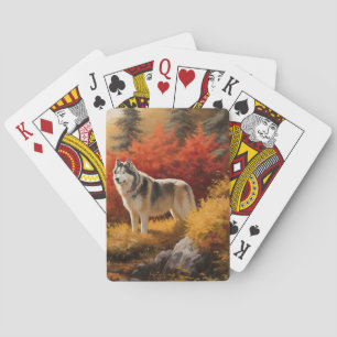 Alaskan Malamute in Autumn Leaves Fall Inspired Playing Cards