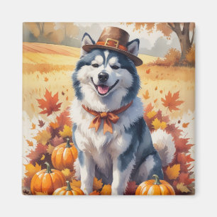 Alaskan Malamute in Autumn Leaves Thanksgiving Art Magnet