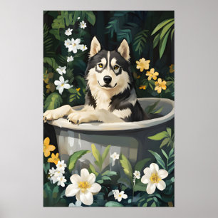 Alaskan Malamute In Bathtub Poster, Funny Dog Poster