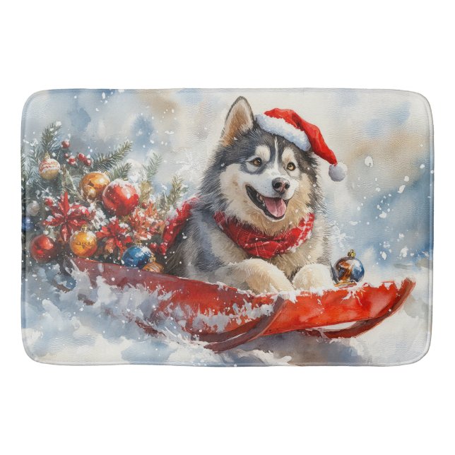 Alaskan Malamute in Sledge Let it Snow Christmas Bath Mat (Front)