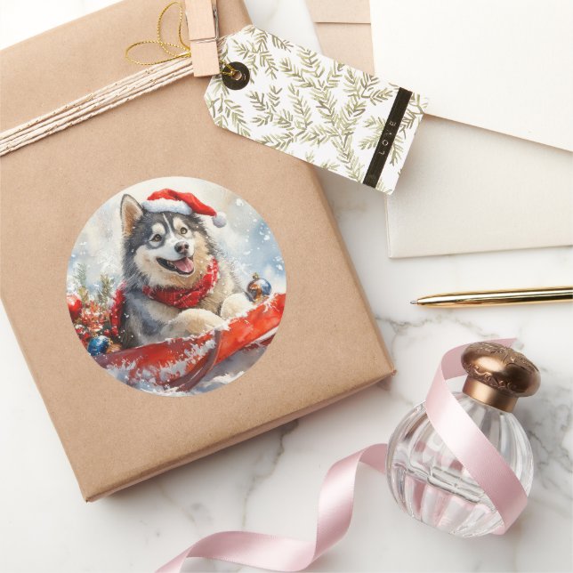 Alaskan Malamute in Sledge Let it Snow Christmas Classic Round Sticker (Gifting)